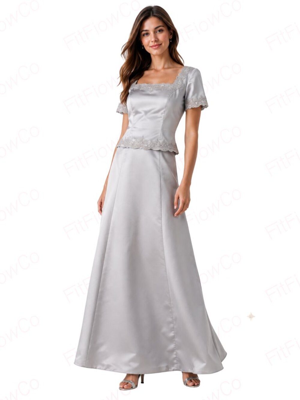 Donna Gray Silver 2 Piece Formal Set Embroidered Top Maxi Skirt Size 6